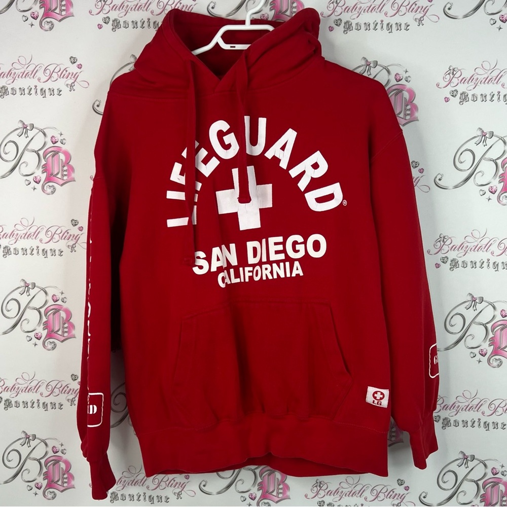LG lifeguard sweater hoodie graphic white logo Red Lifeguard San Diego Sweater